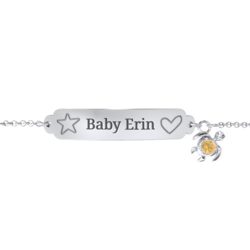 Engraved Heart and Star Baby Bracelet with Birthstone Turtle Charm – Sterling Silver with Citrine