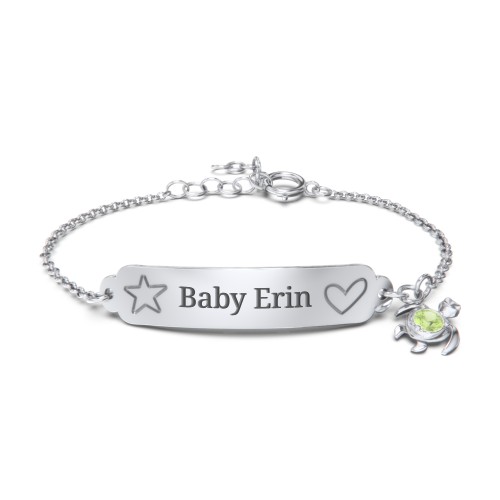 Engraved Heart and Star Baby Bracelet with Birthstone Turtle Charm – Sterling Silver with Peridot