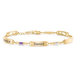 Engravable Family Bracelet with Baguette Birthstones (1-5 Stones) in 10K Solid Yellow Gold with Amethyst, Cubic Zirconia, Ruby, Blue Sapphire, and Citrine