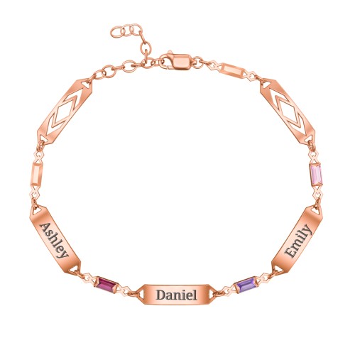 Engravable Family Bracelet with Baguette Birthstones (1-5 Stones) – 10K Rose Gold with Ruby, Amethyst, and Pink Tourmaline