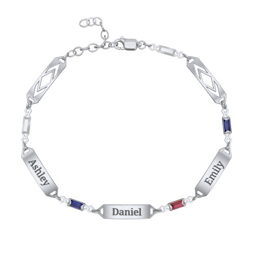 Engravable Family Bracelet with Baguette Birthstones (1-5 Stones) – Sterling Silver with Blue Sapphire and Garnet
