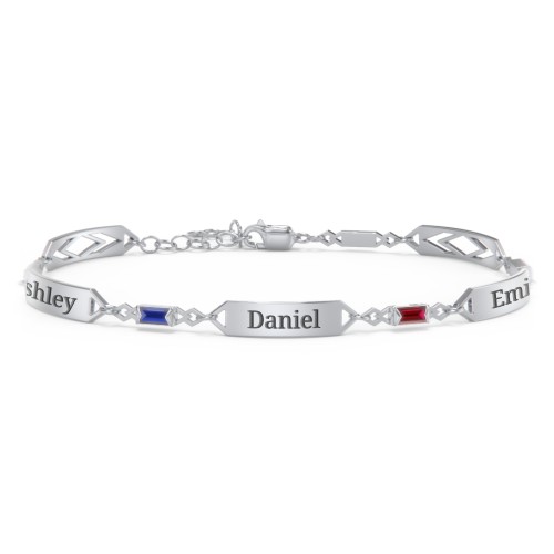 Engravable Family Bracelet with Baguette Birthstones (1-5 Stones) – Sterling Silver with Blue Sapphire and Garnet