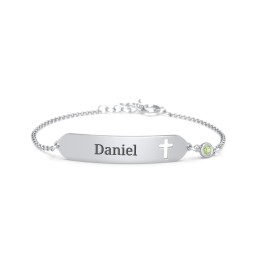 Engravable Small ID Bracelet with Cross and Birthstone in 925 Sterling Silver with Peridot