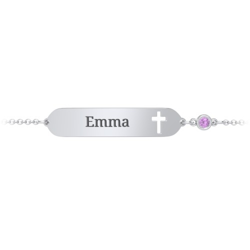 Engravable Small ID Bracelet with Cross and Birthstone – Sterling Silver with Amethyst