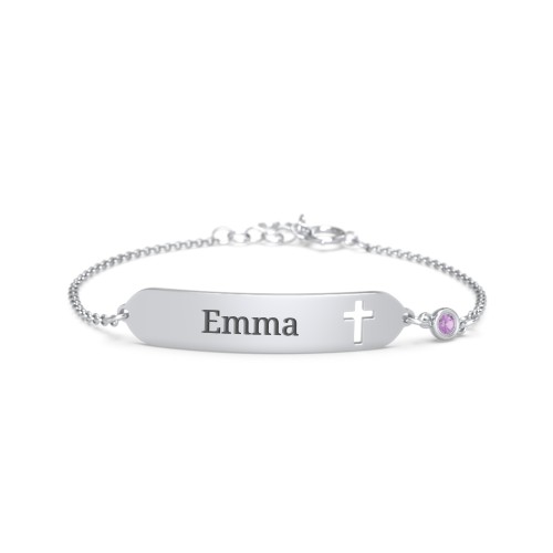 Engravable Small ID Bracelet with Cross and Birthstone – Sterling Silver with Amethyst