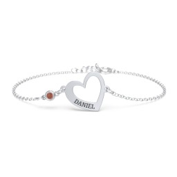 Engravable Open Heart Bracelet with Birthstone in 925 Sterling Silver with Garnet
