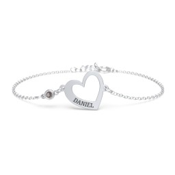 Engravable Open Heart Bracelet with Birthstone in 925 Sterling Silver with Smokey Quartz
