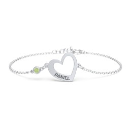 Engravable Open Heart Bracelet with Birthstone in 925 Sterling Silver with Peridot