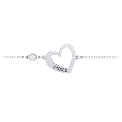 Engravable Open Heart Bracelet with Birthstone – Sterling Silver with Aquamarine