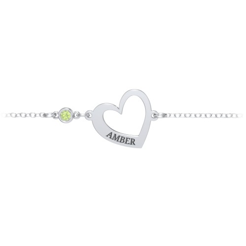 Engravable Open Heart Bracelet with Birthstone – Sterling Silver with Peridot
