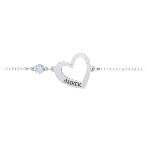 Engravable Open Heart Bracelet with Birthstone – Sterling Silver with Blue Topaz