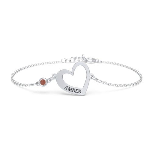 Engravable Open Heart Bracelet with Birthstone – Sterling Silver with Garnet