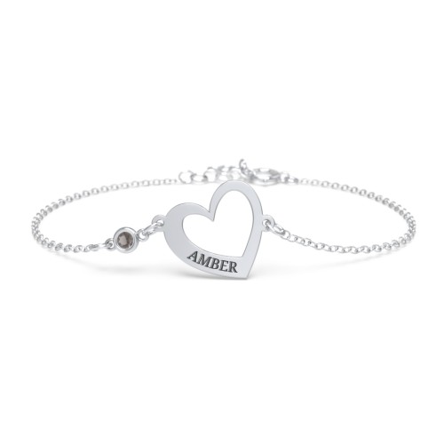 Engravable Open Heart Bracelet with Birthstone – Sterling Silver with Smokey Quartz