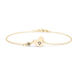 Initial Heart Bracelet with Birthstone in 18K Gold Plated Silver with Smokey Quartz