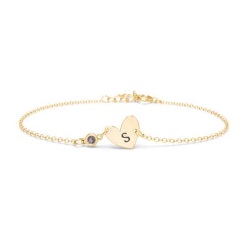 Initial Heart Bracelet with Birthstone – 18K Gold Plated Silver with Smokey Quartz
