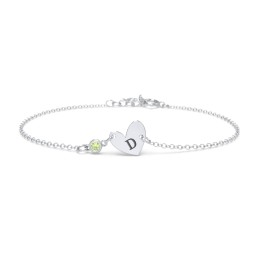 Initial Heart Bracelet with Birthstone in 925 Sterling Silver with Peridot