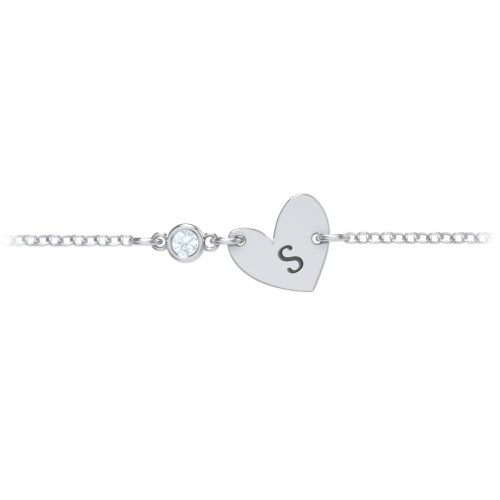 Initial Heart Bracelet with Birthstone – Sterling Silver with Aquamarine