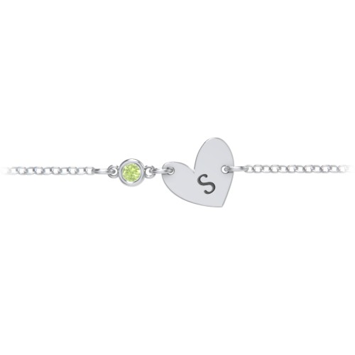 Initial Heart Bracelet with Birthstone – Sterling Silver with Peridot