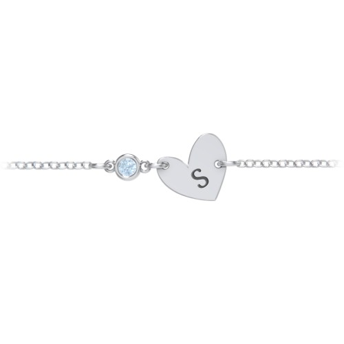 Initial Heart Bracelet with Birthstone – Sterling Silver with Blue Topaz