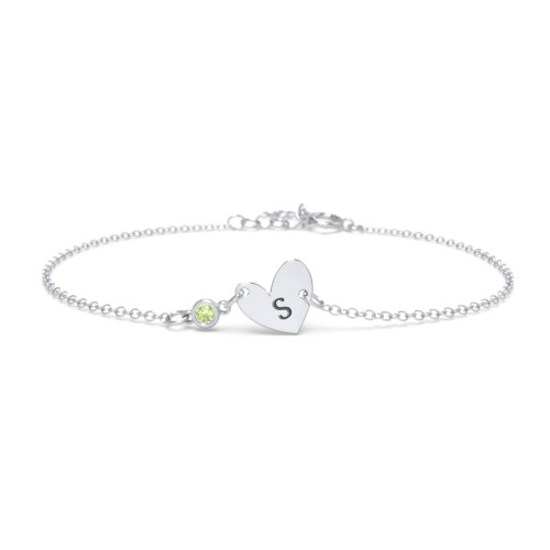 Initial Heart Bracelet with Birthstone – Sterling Silver with Peridot