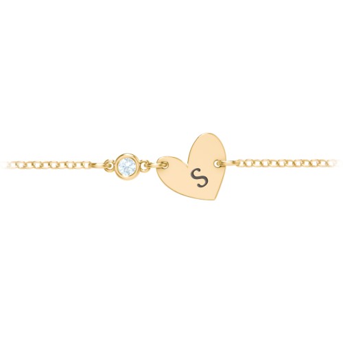 Initial Heart Bracelet with Birthstone – 10K Yellow Gold with Aquamarine