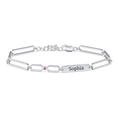 Engravable Long Link Infinity Family Bracelet with 1-4 Birthstones – Sterling Silver with Ruby