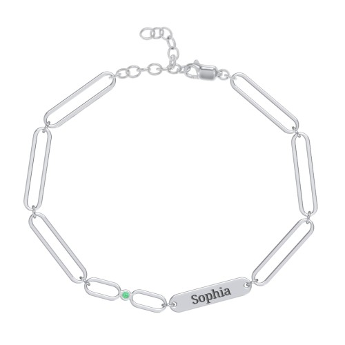 Engravable Long Link Infinity Family Bracelet with 1-4 Birthstones – Sterling Silver with Emerald