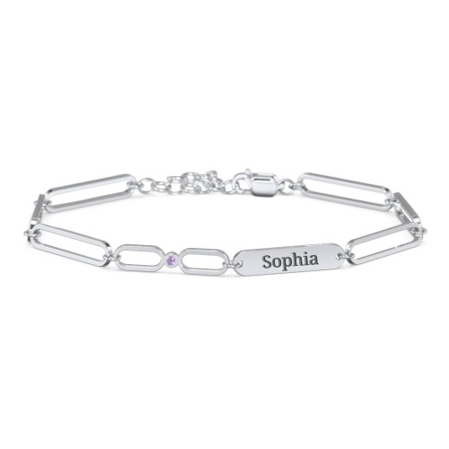 Engravable Long Link Infinity Family Bracelet with 1-4 Birthstones – Sterling Silver with Amethyst