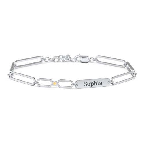 Engravable Long Link Infinity Family Bracelet with 1-4 Birthstones – Sterling Silver with Citrine