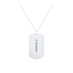 Engravable Dog Tag Necklace with 1 Birthstone in 925 Sterling Silver with Emerald