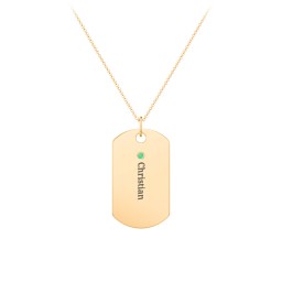 Engravable Dog Tag Necklace with 1 Birthstone in 10K Solid Yellow Gold with Emerald