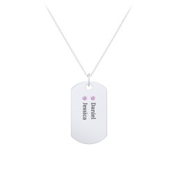 Engravable Dog Tag Necklace with 2 Birthstone in 925 Sterling Silver with Amethyst