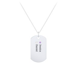Engravable Dog Tag Necklace with 2 Birthstone in 925 Sterling Silver with Amethyst and Cubic Zirconia