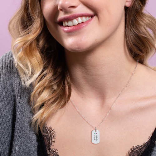 Engravable Dog Tag Necklace with 2 Birthstone – Sterling Silver with Ruby and Pink Tourmaline