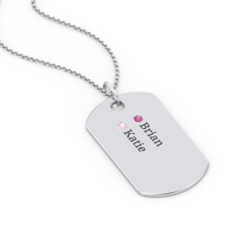 Engravable Dog Tag Necklace with 2 Birthstone – Sterling Silver with Ruby and Pink Tourmaline