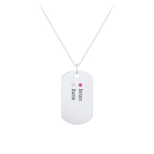 Engravable Dog Tag Necklace with 2 Birthstone – Sterling Silver with Ruby and Pink Tourmaline