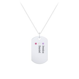 Engravable Dog Tag Necklace with 3 Birthstone in 925 Sterling Silver with Amethyst, Cubic Zirconia, and Ruby