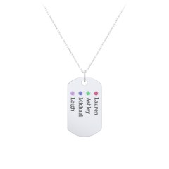 Engravable Dog Tag Necklace with 4 Birthstone – Sterling Silver with Ruby, Emerald, Blue Sapphire, and Amethyst
