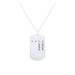 Engravable Dog Tag Necklace with 4 Birthstone in 925 Sterling Silver with Amethyst