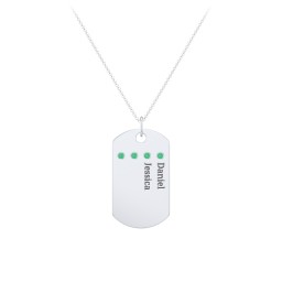 Engravable Dog Tag Necklace with 4 Birthstone in 925 Sterling Silver with Emerald