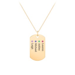 Engravable Dog Tag Necklace with 4 Birthstone in 10K Solid Yellow Gold with Ruby, Emerald, Blue Sapphire, and Amethyst