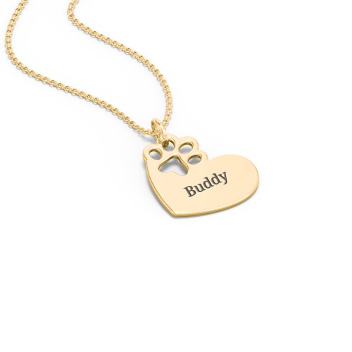 Engravable Pawprint Cutout Heart Necklace – 18K Gold Plated Silver