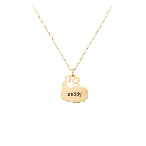 Engravable Pawprint Cutout Heart Necklace – 18K Gold Plated Silver