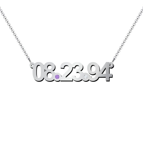 Date Necklace with Birthstones – Sterling Silver with Amethyst and Cubic Zirconia