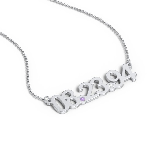 Date Necklace with Birthstones – Sterling Silver with Amethyst and Cubic Zirconia