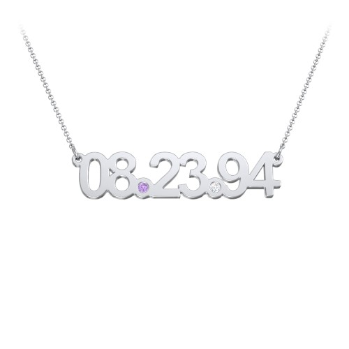 Date Necklace with Birthstones – Sterling Silver with Amethyst and Cubic Zirconia