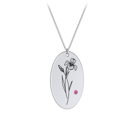 February Birth Flower Disc Necklace with Gemstone – Sterling Silver with Ruby
