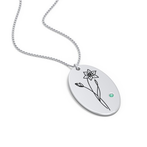 March Birth Flower Disc Necklace with Gemstone – Sterling Silver with Emerald
