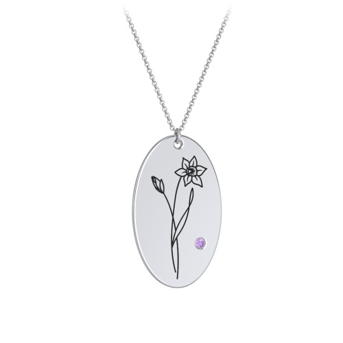 March Birth Flower Disc Necklace with Gemstone – Sterling Silver with Amethyst