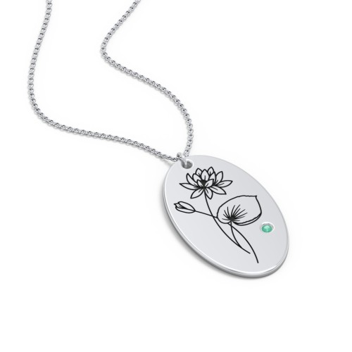 July Birth Flower Disc Necklace with Gemstone – Sterling Silver with Emerald